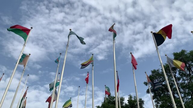 African flags on poles in front of Sheraton Hotel in Addis ababa, Ethiopia.