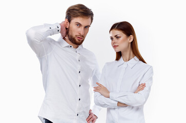 partners at work employees men and women in white shirts on a light background mockup conflict