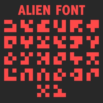 Alien font letters alphabet for the display of the info panel of a computer game hieroglyphic red symbols language of aliens