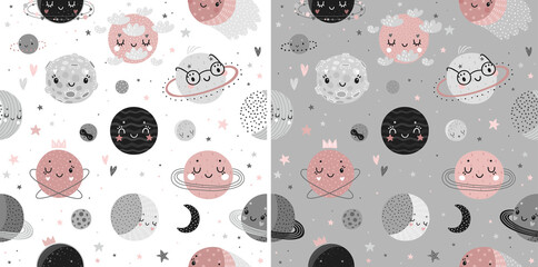 Space Dreams childish seamless hand drawn pattern with moon, stars and planets. © avian