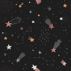 Space Dreams childish seamless hand drawn pattern with moon and stars.