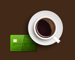 Cup of coffee on warfare dish, bank chip card. Breakfast image, top view. Morning drink coffe and plastic credit card. Hot coffee cup on white platter, debit card top banner. cashless payment