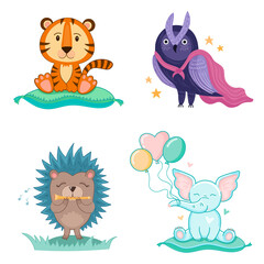 Cute vector illustration set with animals: owl, tiger, hedgehog, elephant. Stickers in the nursery for kids.