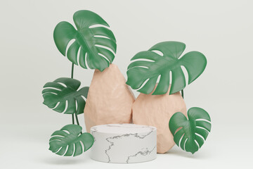 White marble cylinder podium and brown stone with monstera plant leaves on a white background. 3D illustration rendering image.