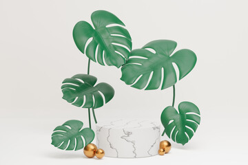 White marble cylinder podium and golden ball with Monstera plant leaves with  on a white background. 3D illustration rendering image.