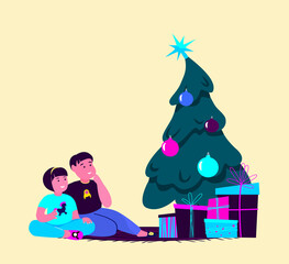 Happy Smiling Children Sitting near Decorated Christmas Tree, Boxes of Presents and Festive Gifts.Merry Christmas, Happy New Year.Winter Holidays.Greeting Card.Xmas Atmosphere.Flat Vector Illustration