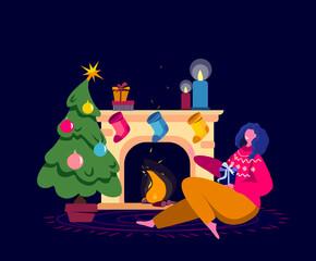 Festive Woman Celebrate New Year and Christmas Holidays Opening Gifts and Presents. Girl Sitting at the warm cosy Fireplace Decorated with bright colored Stockings. Cartoon Flat Vector Illustration