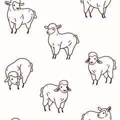 Seamless trendy pattern with style cartoon sheep in various poses. Vector design print with fat contour.
