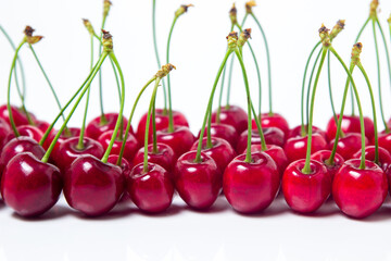 Red cherries on a white background. Sweet cherry with tails. Healthy food