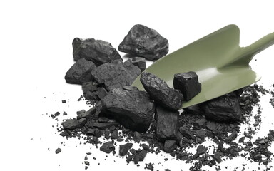 Coal chunks with shovel isolated on white background