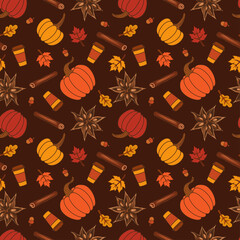 .Pumpkins, cinnamon sticks, stars anise, autumn leaves, acorns and cups of pumpkin spice drink. Vector seamless pattern on a dark brown background. Design for an fall seasonal drink. .