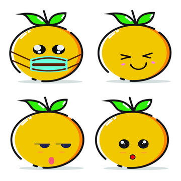 set of fruits. orange expression wearing a mask, orange slanted laugh expression, blank expression and cynical expression of disbelief.