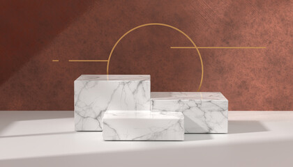 Marbel podium for product showcase. White marble product display on copper background. Natural light copy space. Minimal abstract cosmetic background for product backdrop presentation.	