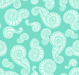 Simple and stylish vector seamless pattern with doodle spirals and squiggles similar to oriental cucumbers. Cheerful forms. Wallpaper and background with a repeating pattern. Fashionable print 