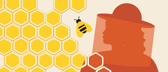 Beekeeper with honeycomb, copy space template, silhouette vector illustration as a backdrop for design with bees and honey on an apricot