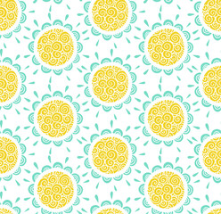 Fototapeta premium Simple and stylish vector seamless pattern with doodle circles and rays. Funny squiggles. Wallpaper and background with a repeating pattern. Fashionable print for textiles and paper