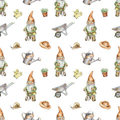 Watercolor gardening seamless pattern. Gardening tools and flowers background with rubber boots, seedling, gardening can and cutter. Farmhouse repeat © Olga