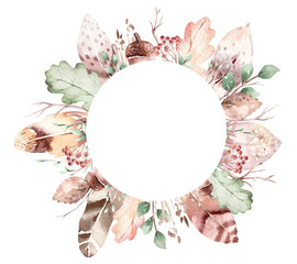 Watercolor boho floral feather wreath. Bohemian natural frame: leaves,flowers, white background. Artistic decoration illustration. Save the date, weddign design,valentine's day © kris_art