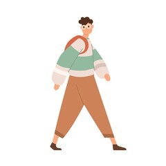Young man walking with backpack. Guy going in casual clothes and eyeglasses. Person moving forward. Colored flat vector illustration of modern male character isolated on white background