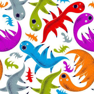Scary horror monsters seamless vector textile pattern, beasts creatures endless wallpaper, stylish background for Halloween theme, funny picture.