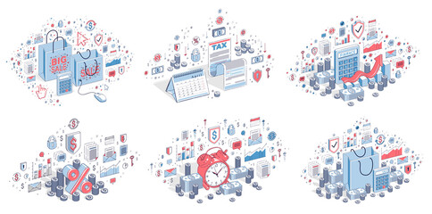 Business and finance concepts 3D vector illustrations set isolated on white background, money theme conceptual design collection, savings, bank, contract, income, safety, online.