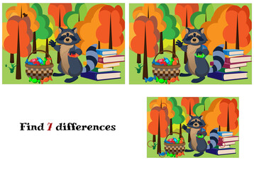 Raccoon with a basket of chocolates and a stack of books in the forest. Vector illustration of a game for children Find the difference.
