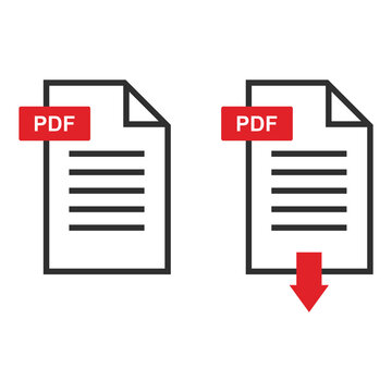 PDF icons, stack of paper sheets and download button, vector illustration isolated on white background.
