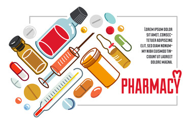 Medical flyer of pharmacy drugstore or medical clinic vector flat design, compositions of pills bottles and ampules isolated over white, health care and healing medicine theme design.