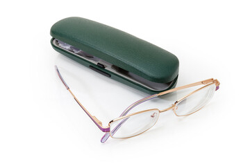 Eyeglasses for women in yellow metal frame, hard spectacle-case