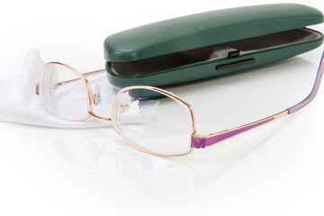 Eyeglasses for women in metal frame against hard spectacle-case
