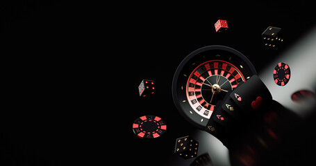 Black Red And Golden Roulette Wheel With Playing Cards, Chips And Dices, Isolated On The Black Background. Casino Modern Concept - 3D Illustration