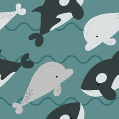 Seamless pattern with doodle beluga whale and orca on a blue background