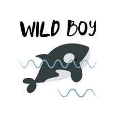 Wild boy vector illustration for baby boy nursery with cute orca whale