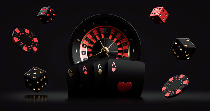 Black Red And Golden Roulette Wheel With Playing Cards, Chips And Dices, Isolated On The Black Background. Casino Modern Concept - 3D Illustration 