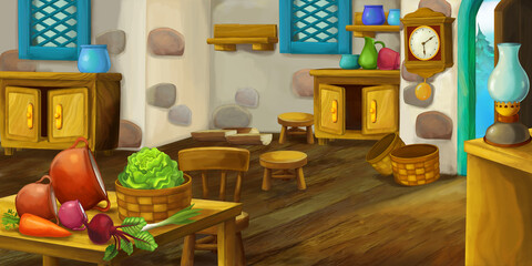 cartoon wooden house interior kitchen on farm ranch