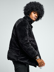 Portrait of fashionable black man in jacket - obrazy, fototapety, plakaty