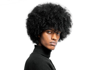 Close-up portrait of young handsome black man with stylish afro isolated on white background