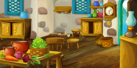 cartoon wooden house interior kitchen on farm ranch