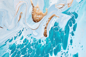 Acrylic Fluid Art. Waves in turquoise colors with liquid golden inclusion. Abstract marble background or texture
