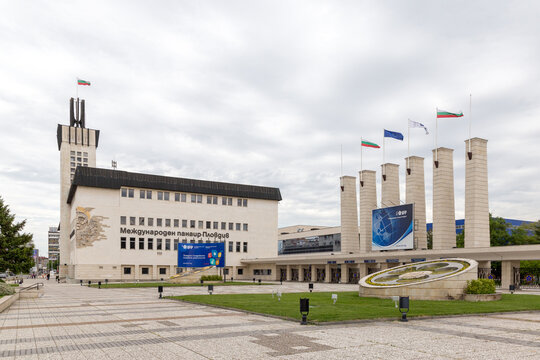 PLOVDIV, BULGARIA - MAY, 08, 2021: General view of administrative building of International Fair Plovdiv in Plovdiv, Bulgaria.