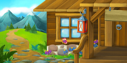cartoon scene wooden house on farm ranch illustration