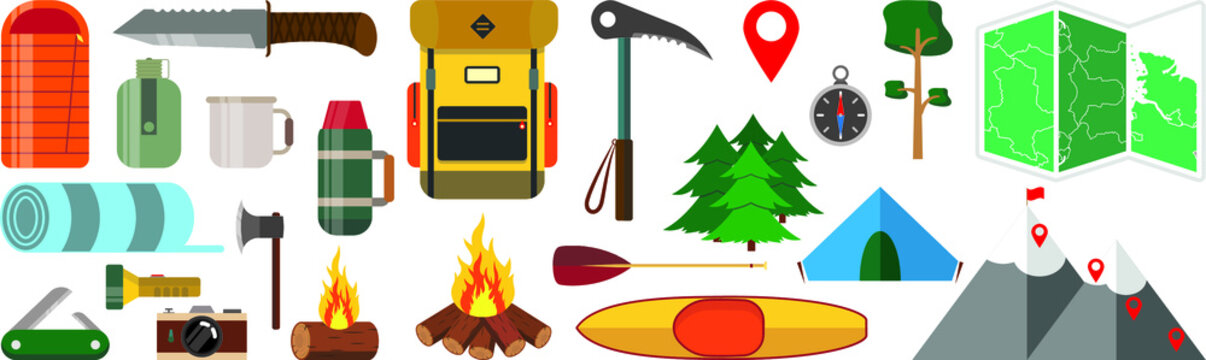 Hiking Camping Equipment Vector Campfire Base Camp Gear Accessories Illustration.