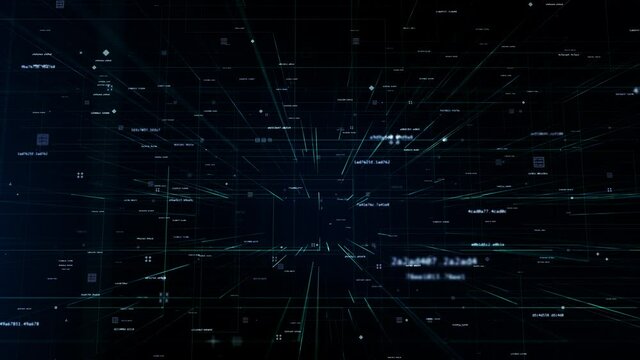 Global digital background from random hash codes, lines and graphic elements, 3D abstract global digital animation