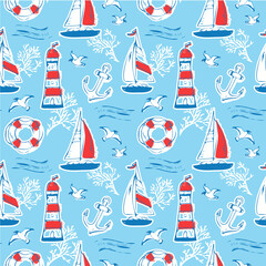 Nautical seamless pattern with sailboat, lighthouse, anchor. Sea background.