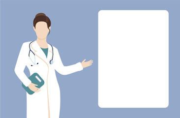 An young caucasian Woman doctor in white medical coat, next to the white board for text of medical information.  Concept vector illustration in flat style. Background for text.