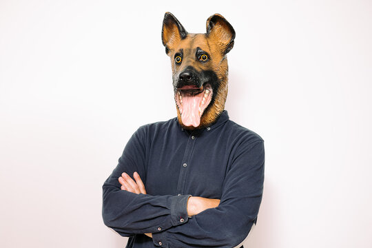man with a dog mask with arms crossed