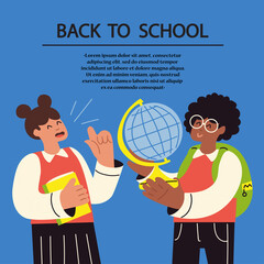 Vector colorful illustration on the theme of school, study, students. Schoolboy and schoolgirl with textbooks and globe. Cartoon flat background for use in design