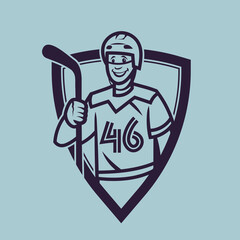 Hockey player holding stick. Sport concept art in monochrome style.