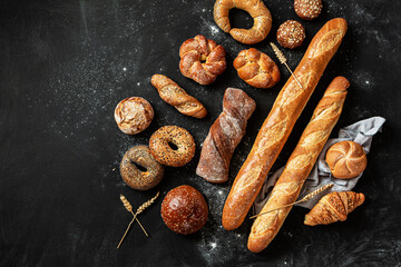 Breadstuff - bread rolls, baguette, bagel, burger bun and croissant on black background