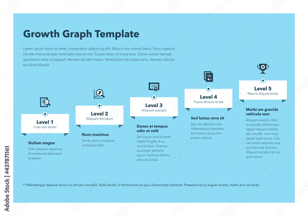 Poster Modern business growth graph template with five successive steps - blue version. Easy to use for your website or presentation.